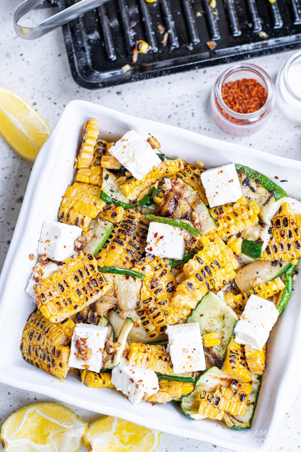 Grilled Corn & Zucchini Salad with Feta - Amanda's Cookin' - Salads