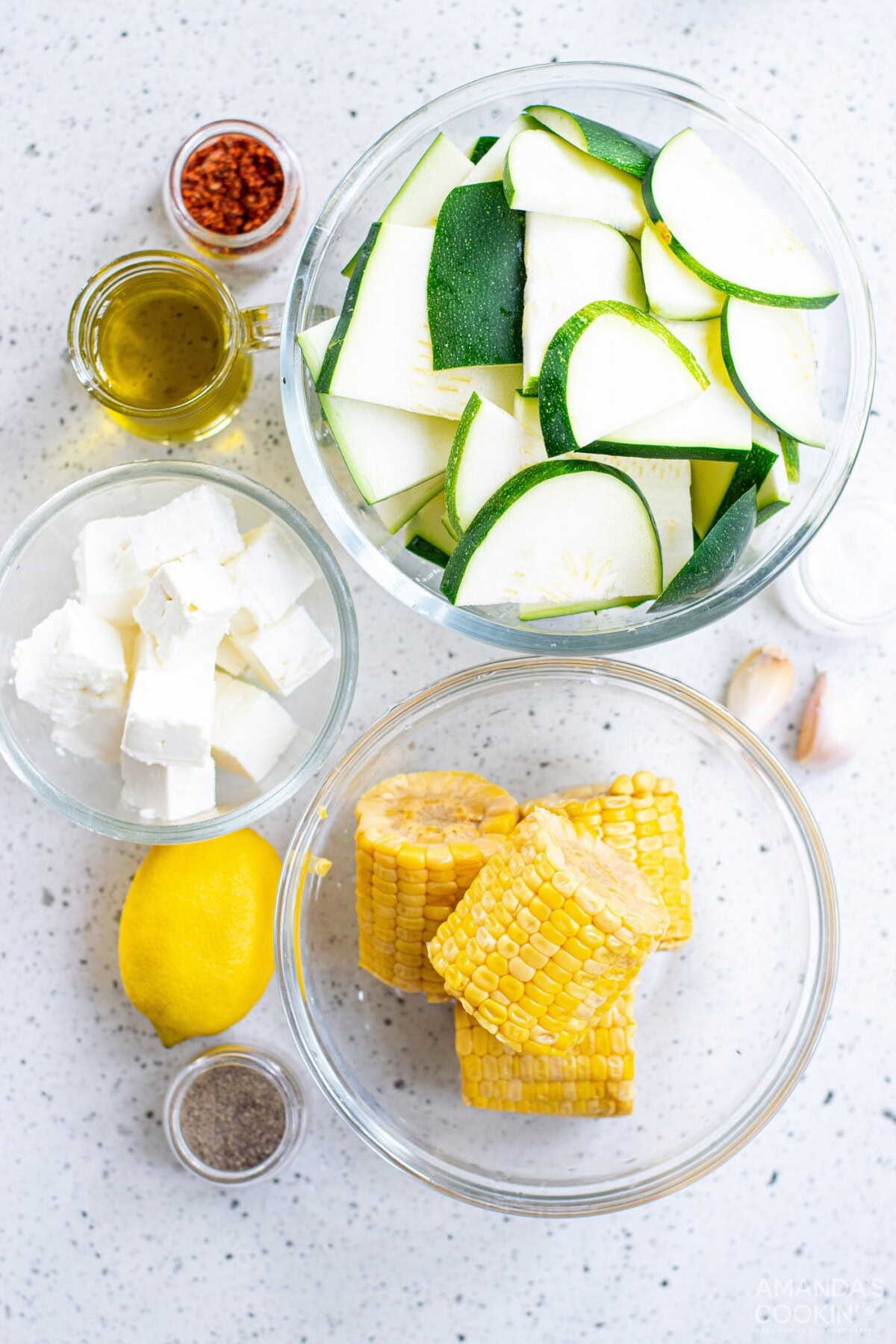 ingredients for Grilled Corn & Zucchini Salad with Feta
