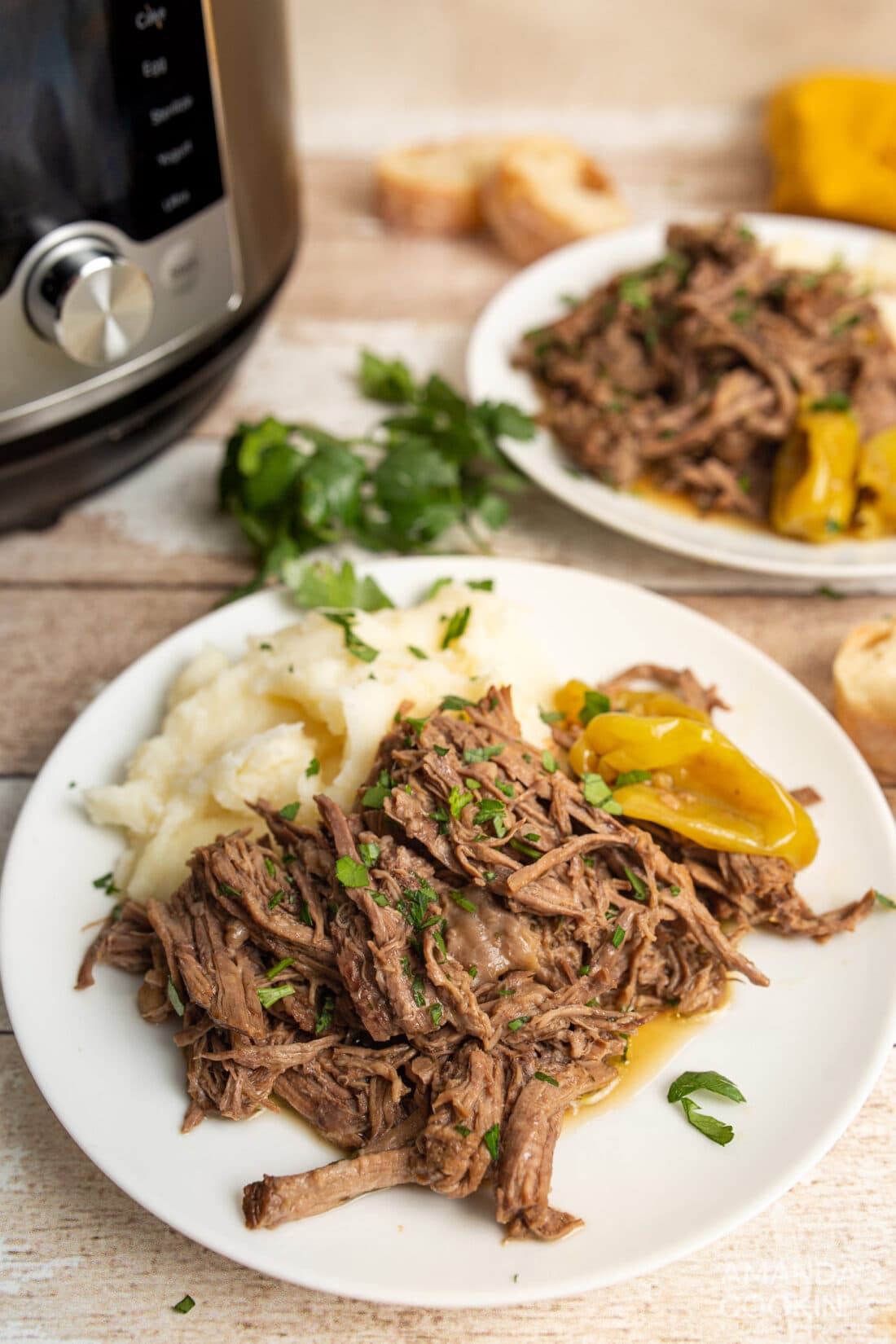 Instant Pot Mississippi Pot Roast with mashed potatoes