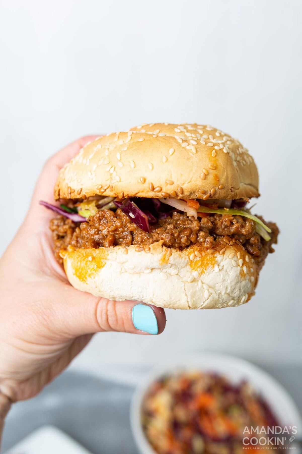 holding a sloppy joe sandwich
