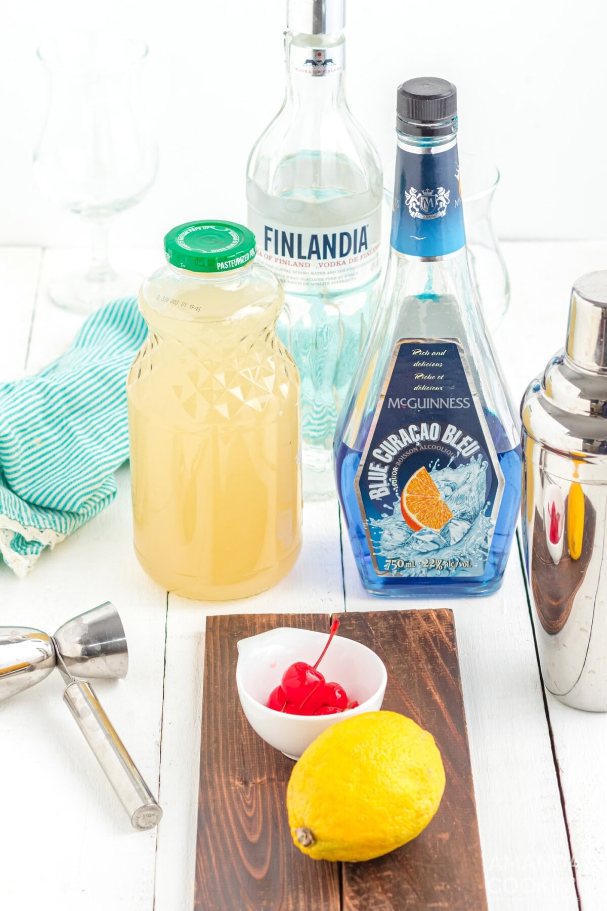 ingredients to make a Blue Lagoon Cocktail