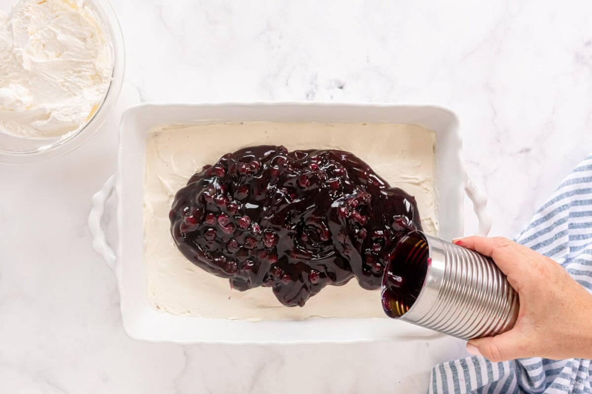 blueberry pie filling on top of cream cheese layer