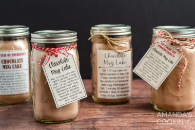 chocolate mug cake in a jar with labels and tags