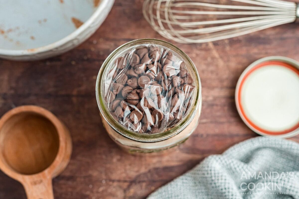 bagged chocolate chips in top of jar