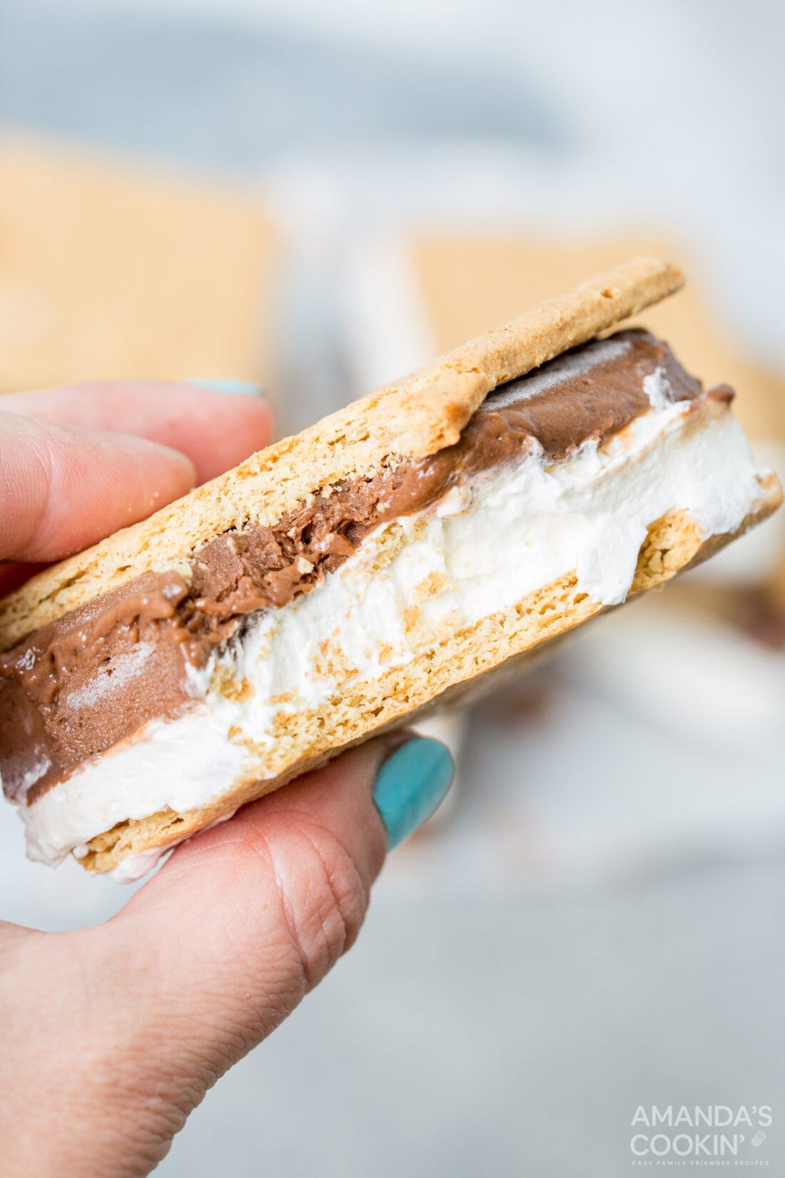 holding a frozen smores with a bite out of it