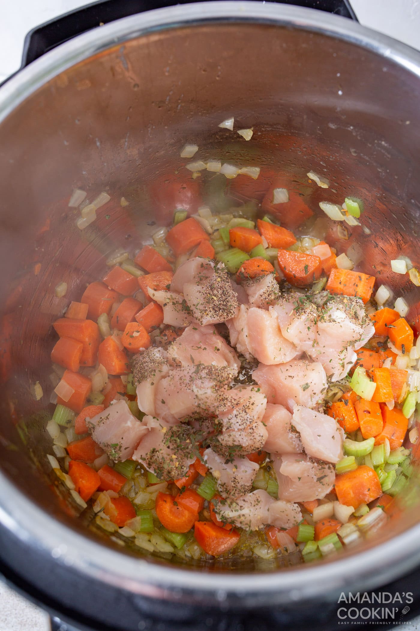 chicken, carrots, celery, and seasonings in instant pot