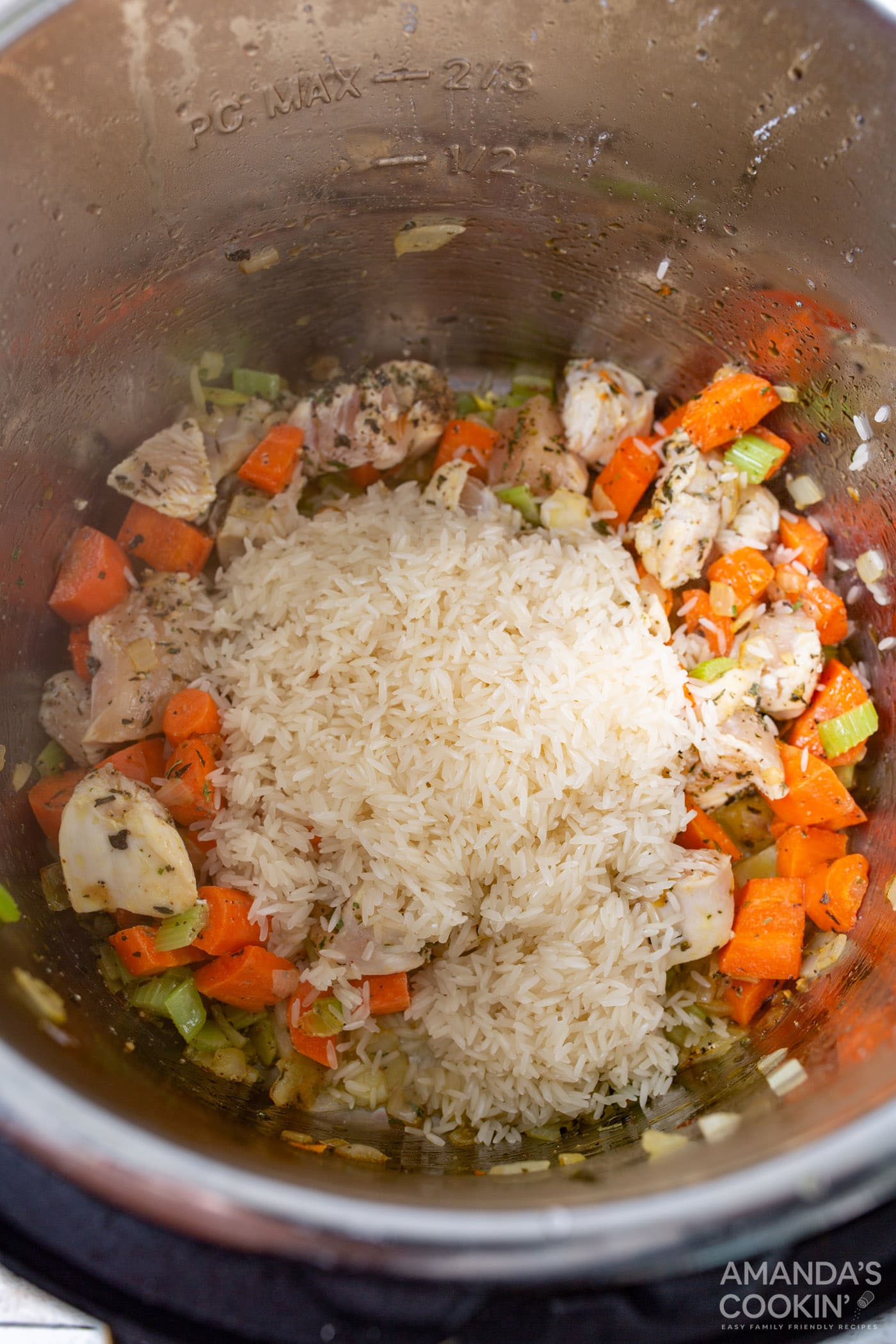 rice, chicken, and veggies in an instant pot