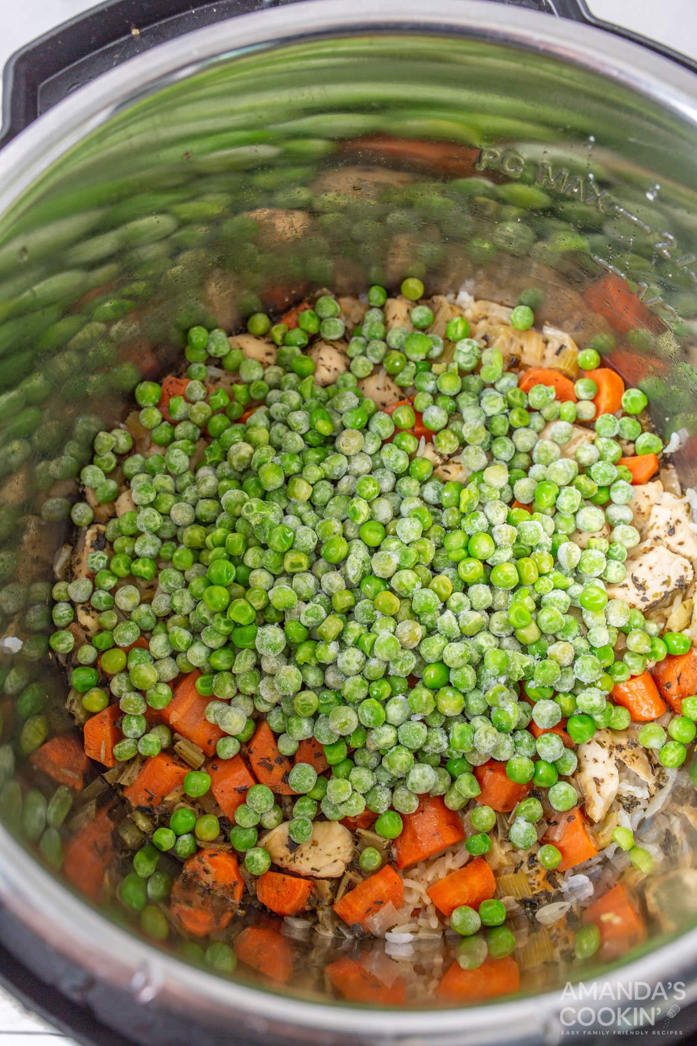 frozen peas on top of chicken and rice in the instant pot