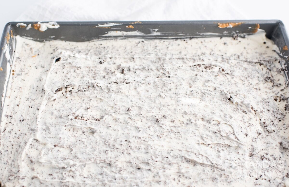 oreo cheesecake mixture in a pan