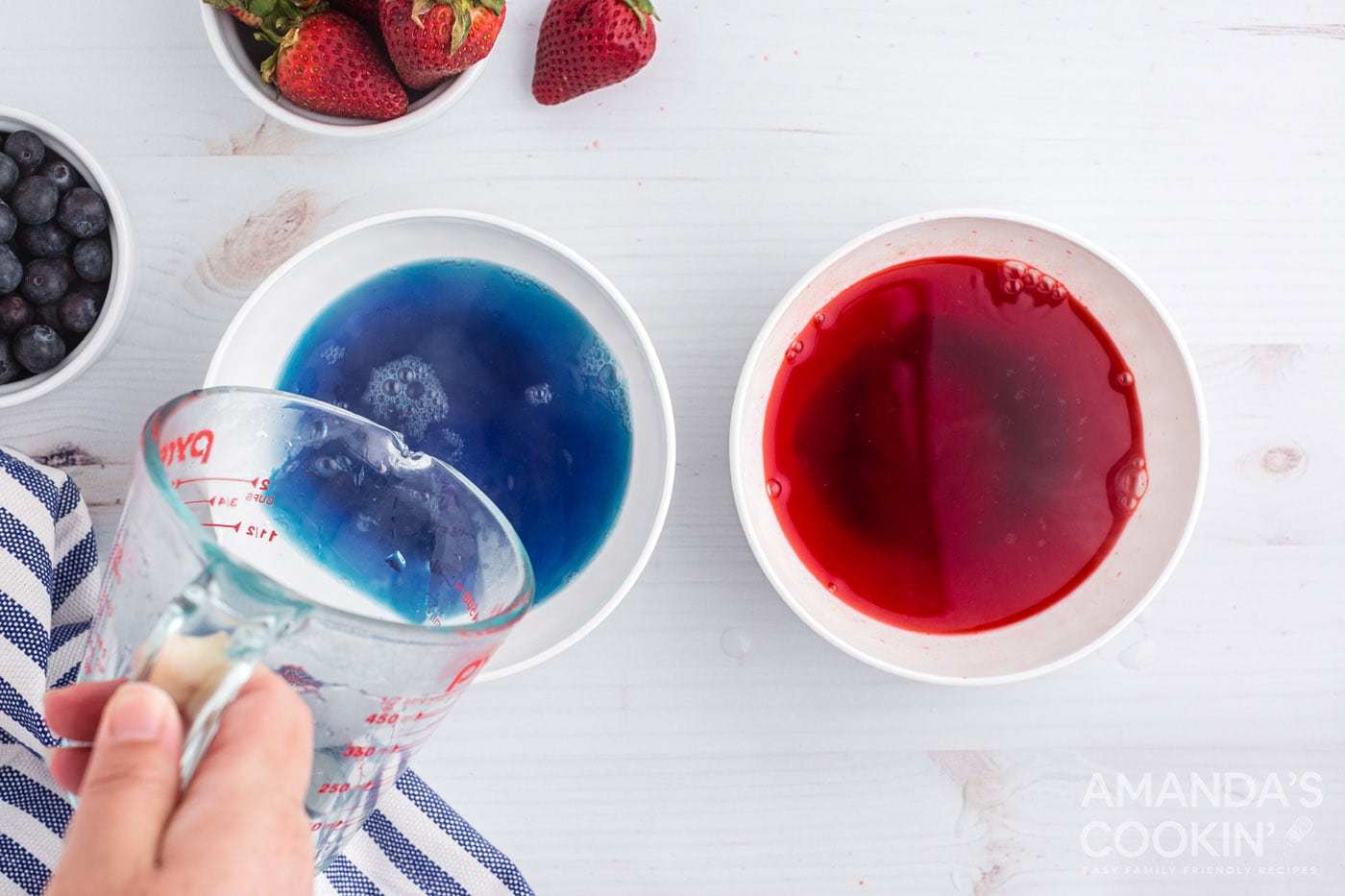 adding water to blue and red jello mix