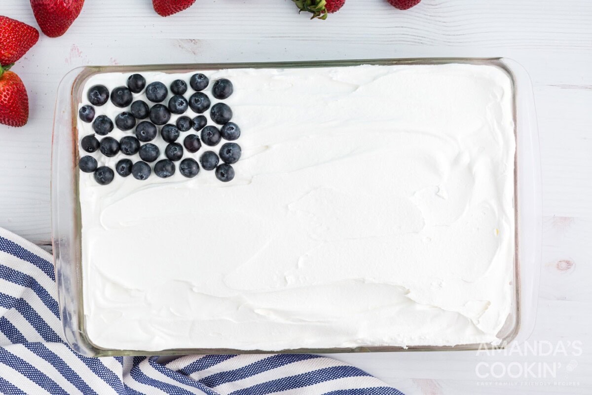 blueberries on top left corner of cake