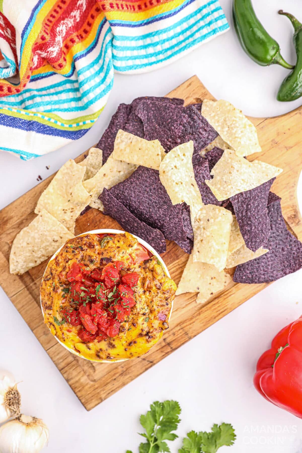 Smoked Queso Dip in bowl with chips