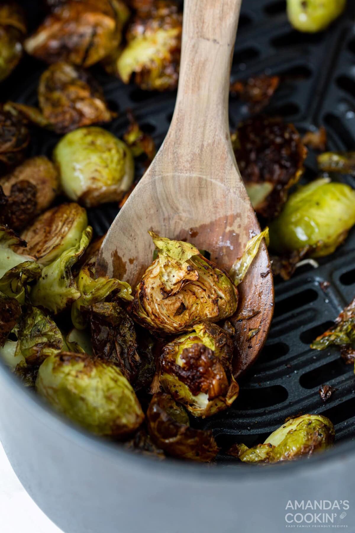 spoon of Air Fryer Brussels Sprouts