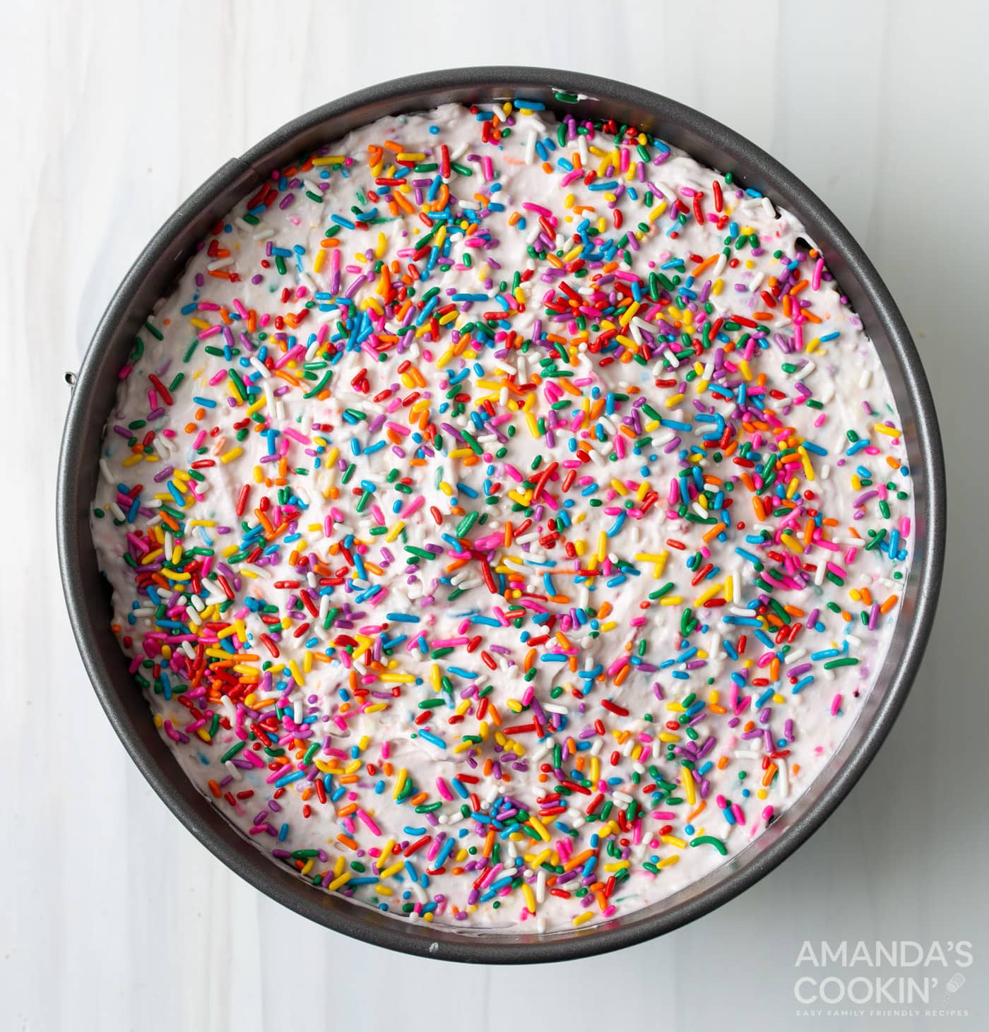 funfetti icebox cake in a pan
