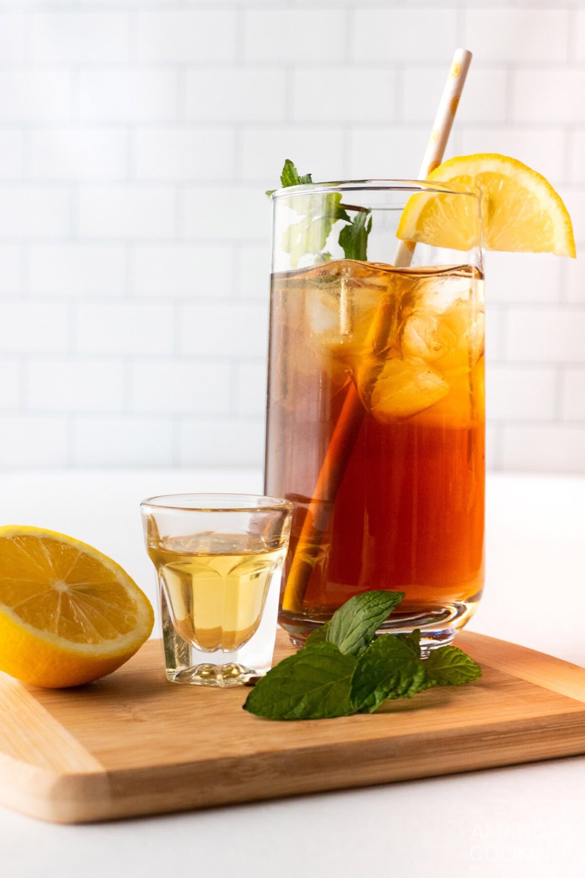 glass of iced tea and shot of honey whiskey