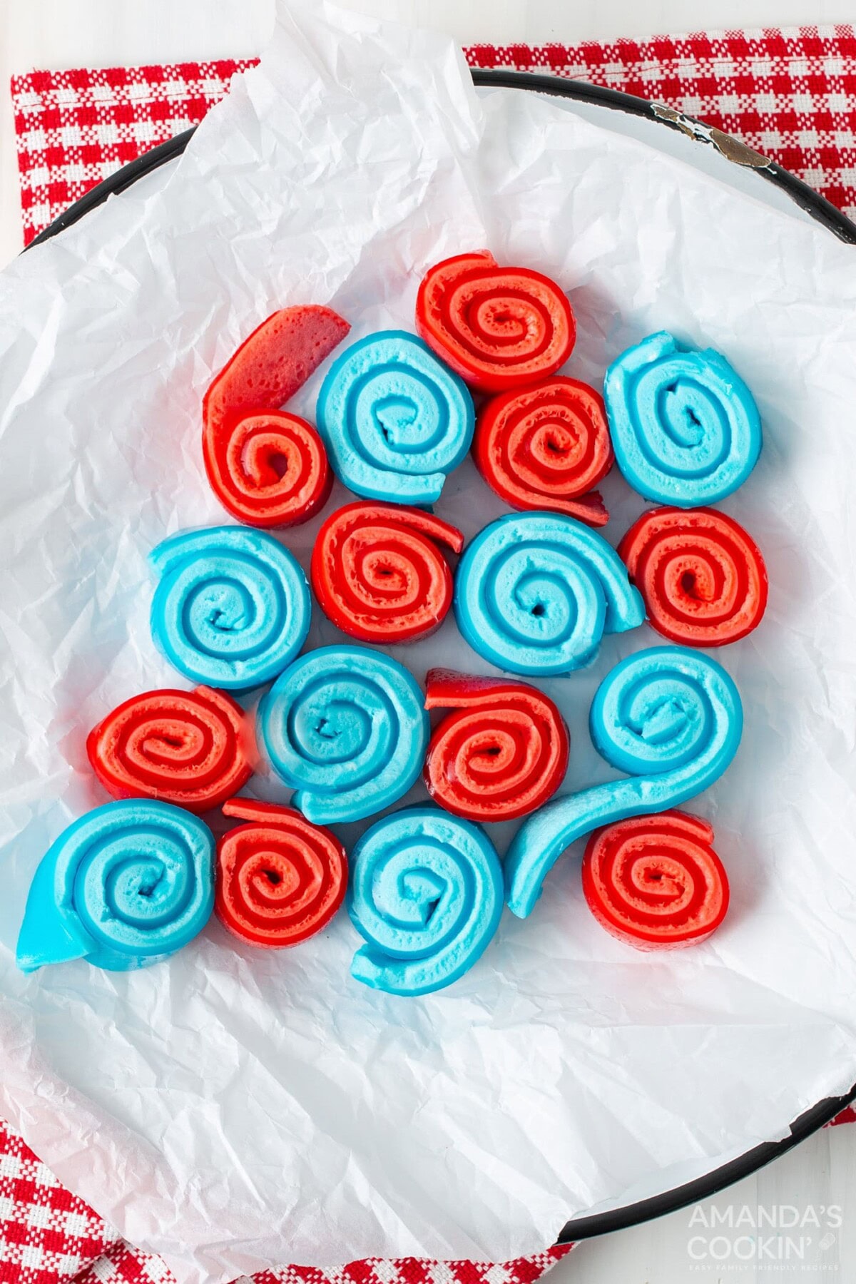 red and blue Jello Roll Ups on a plate