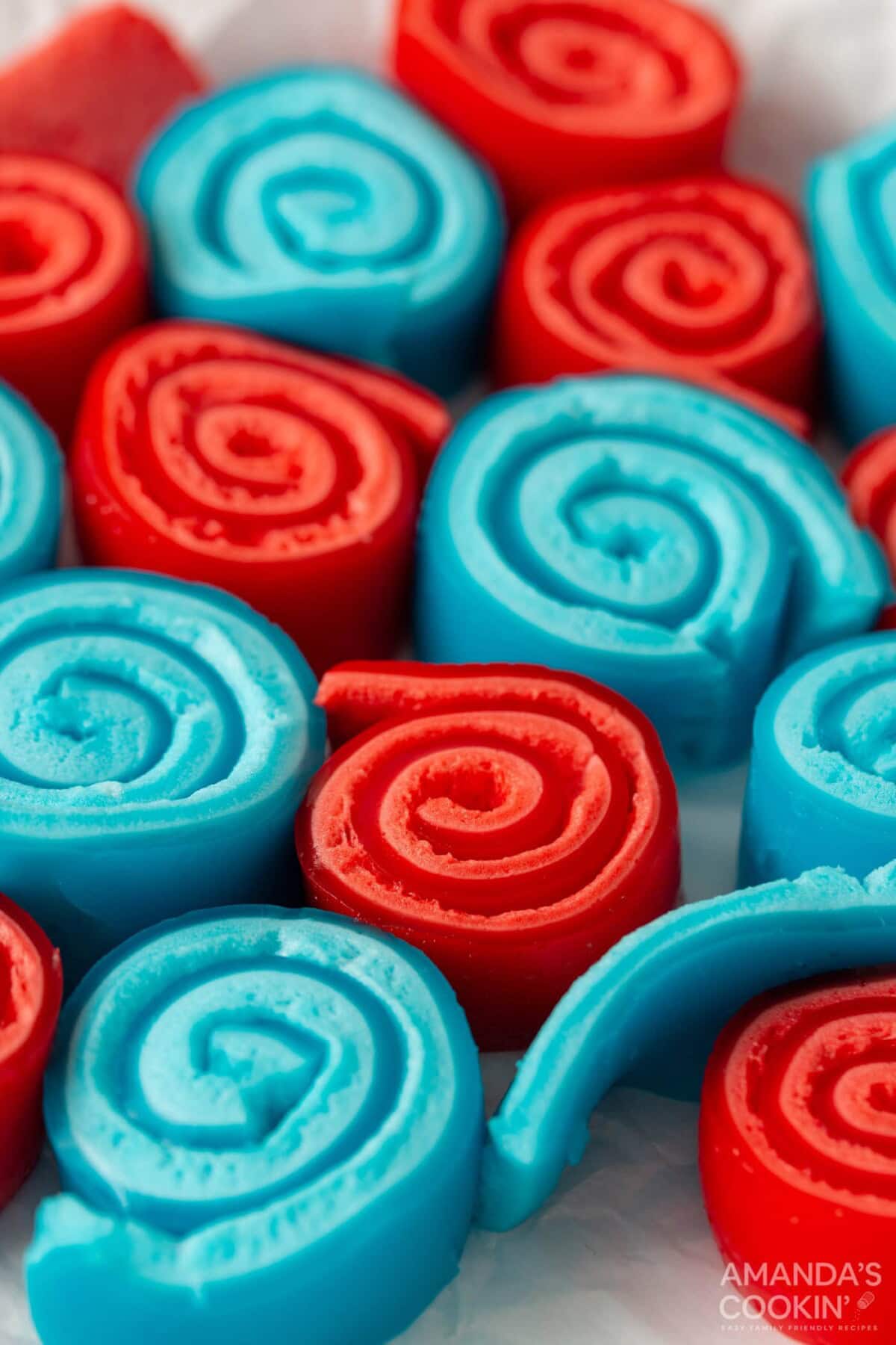 close up of patriotic Jello Roll Ups