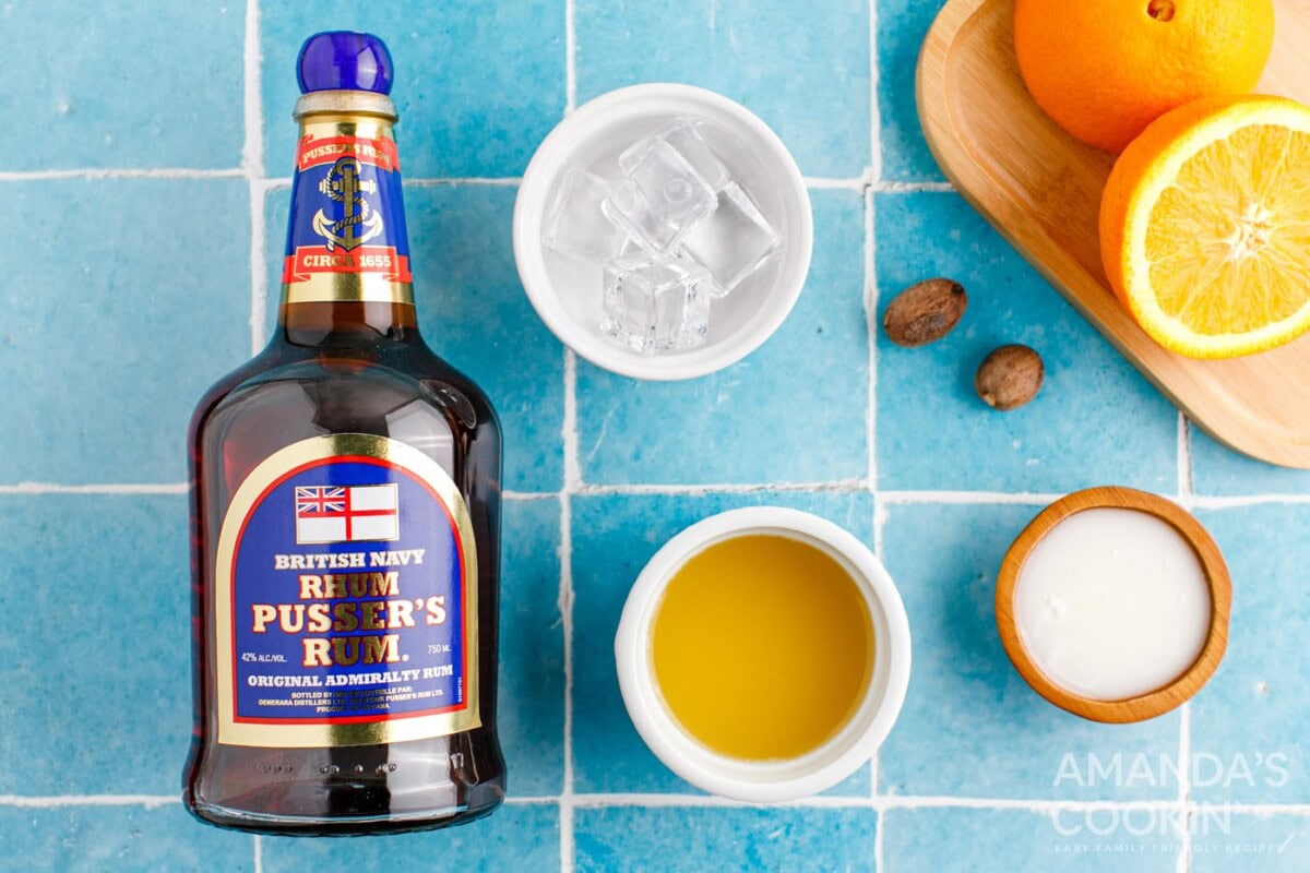 ingredients for Painkiller Cocktails including Pusser's rum