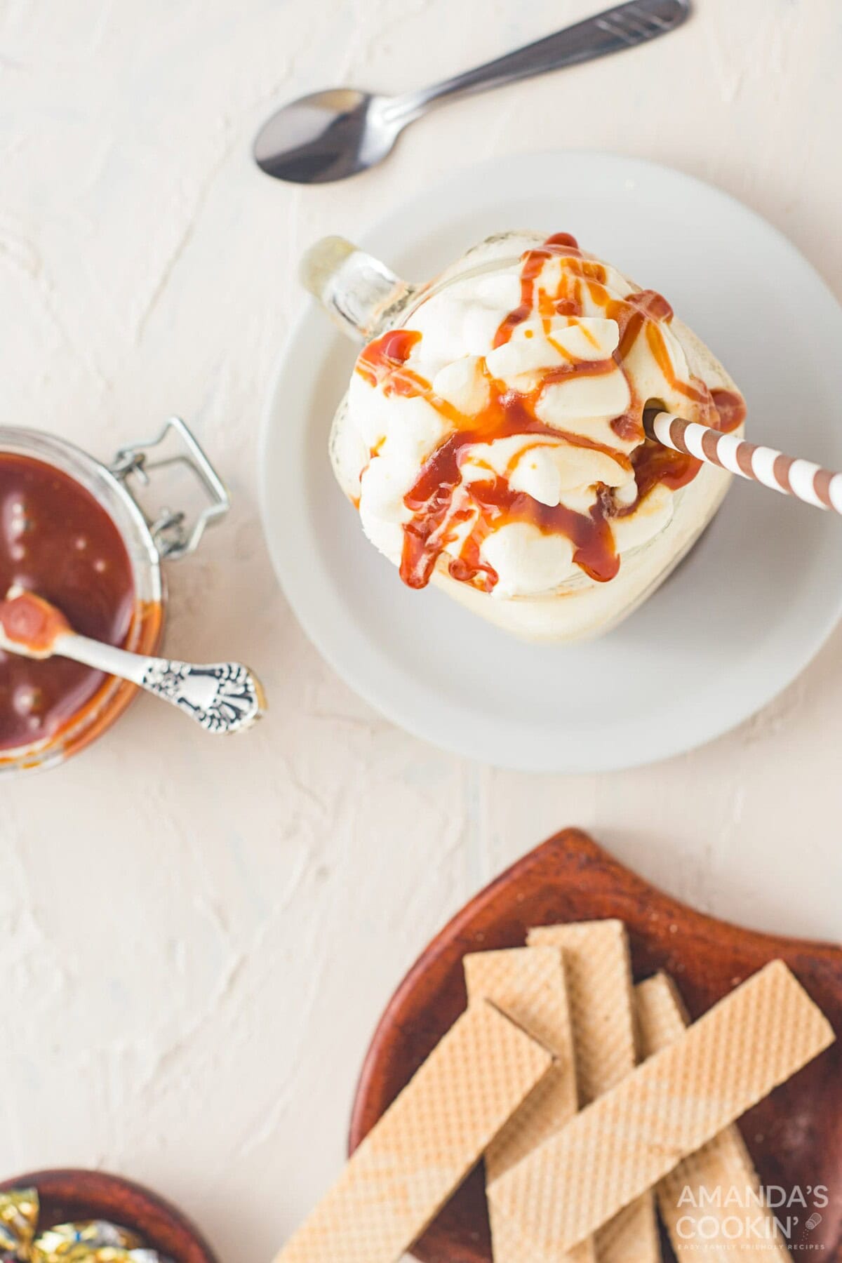 overhead view of salted caramel milkshake