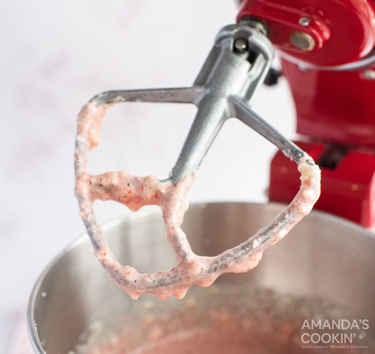 strawberry batter on mixer paddle