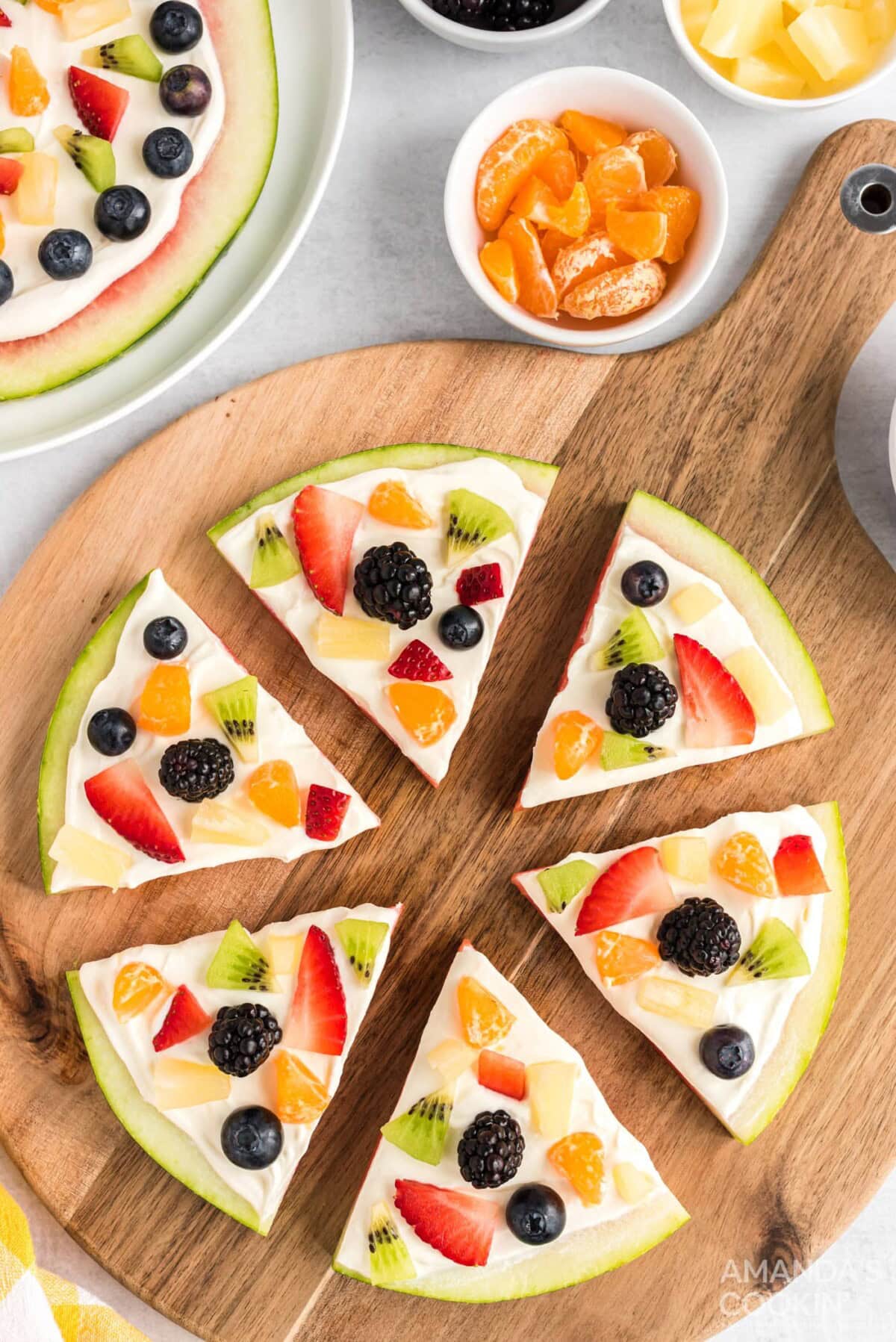 Watermelon Pizza on a cutting board