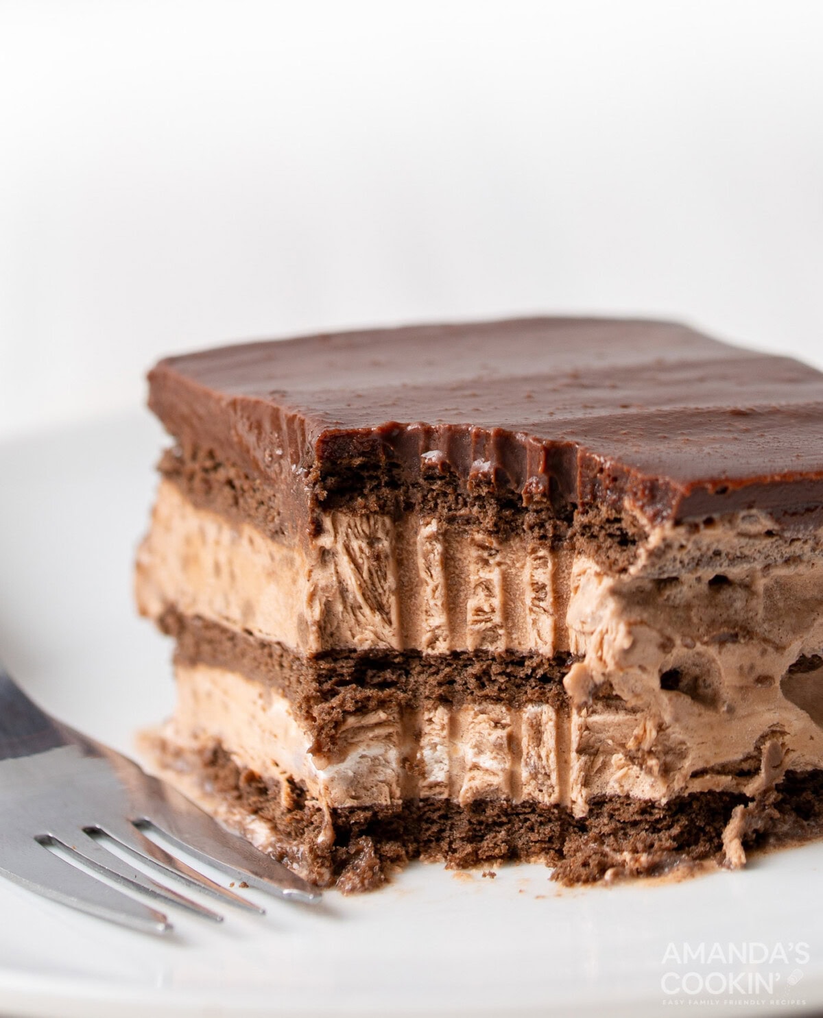 Chocolate Icebox Cake with a fork full removed