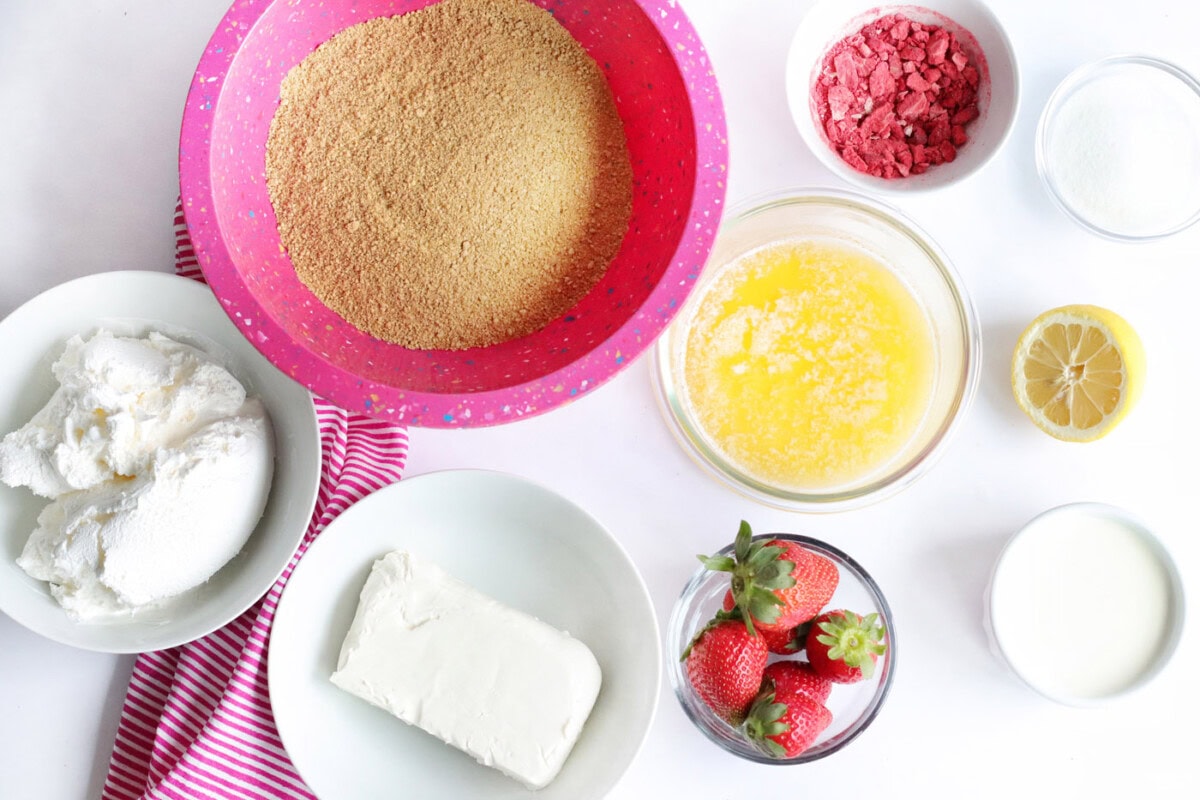 ingredients for No Bake Strawberry Cheesecake Bars