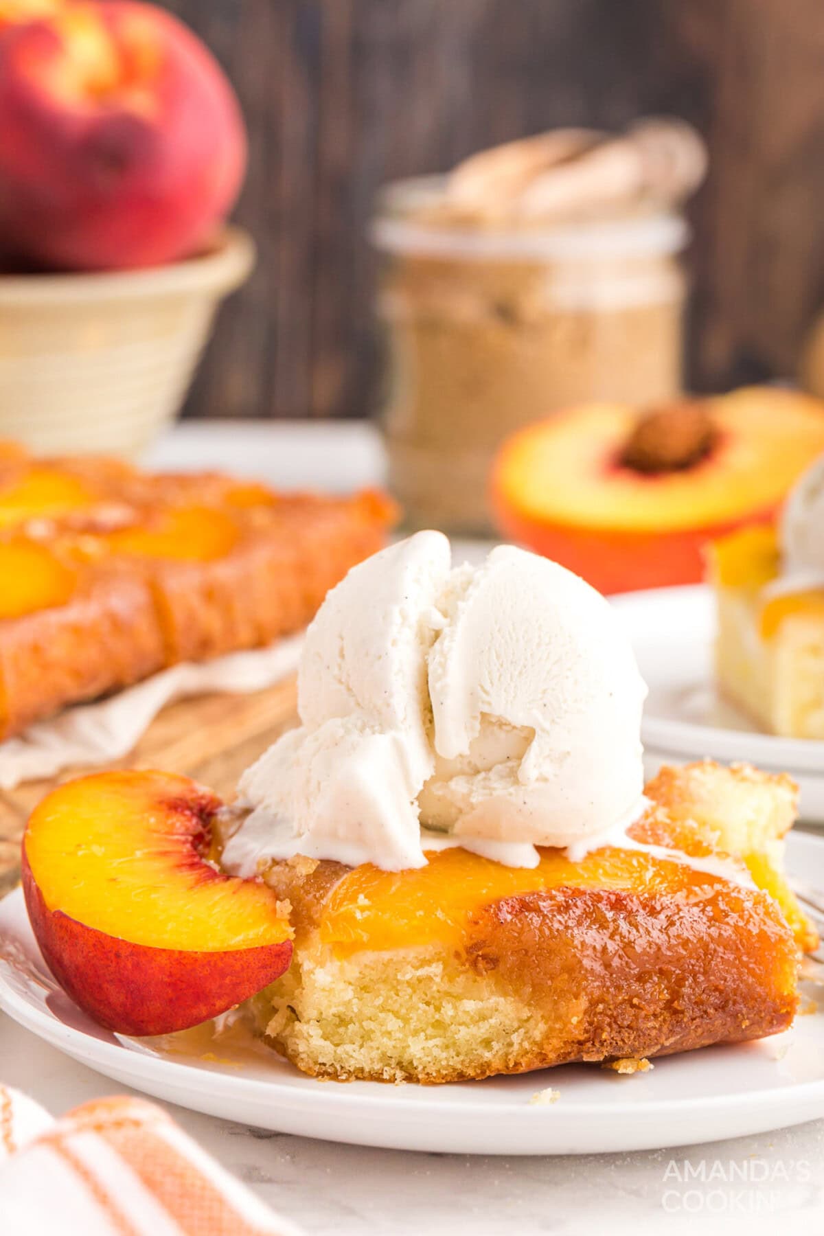 slice of Peach Upside Down Cake with ice cream