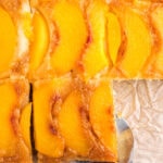 overhead shot of sliced Peach Upside Down Cake