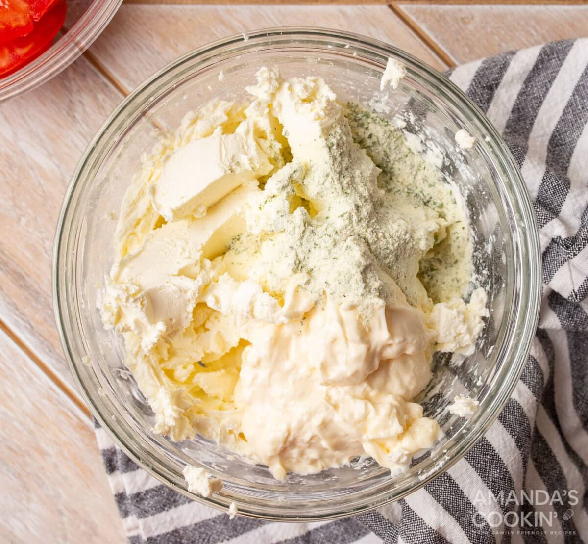 cream cheese, mayo, and ranch seasoning in a bowl