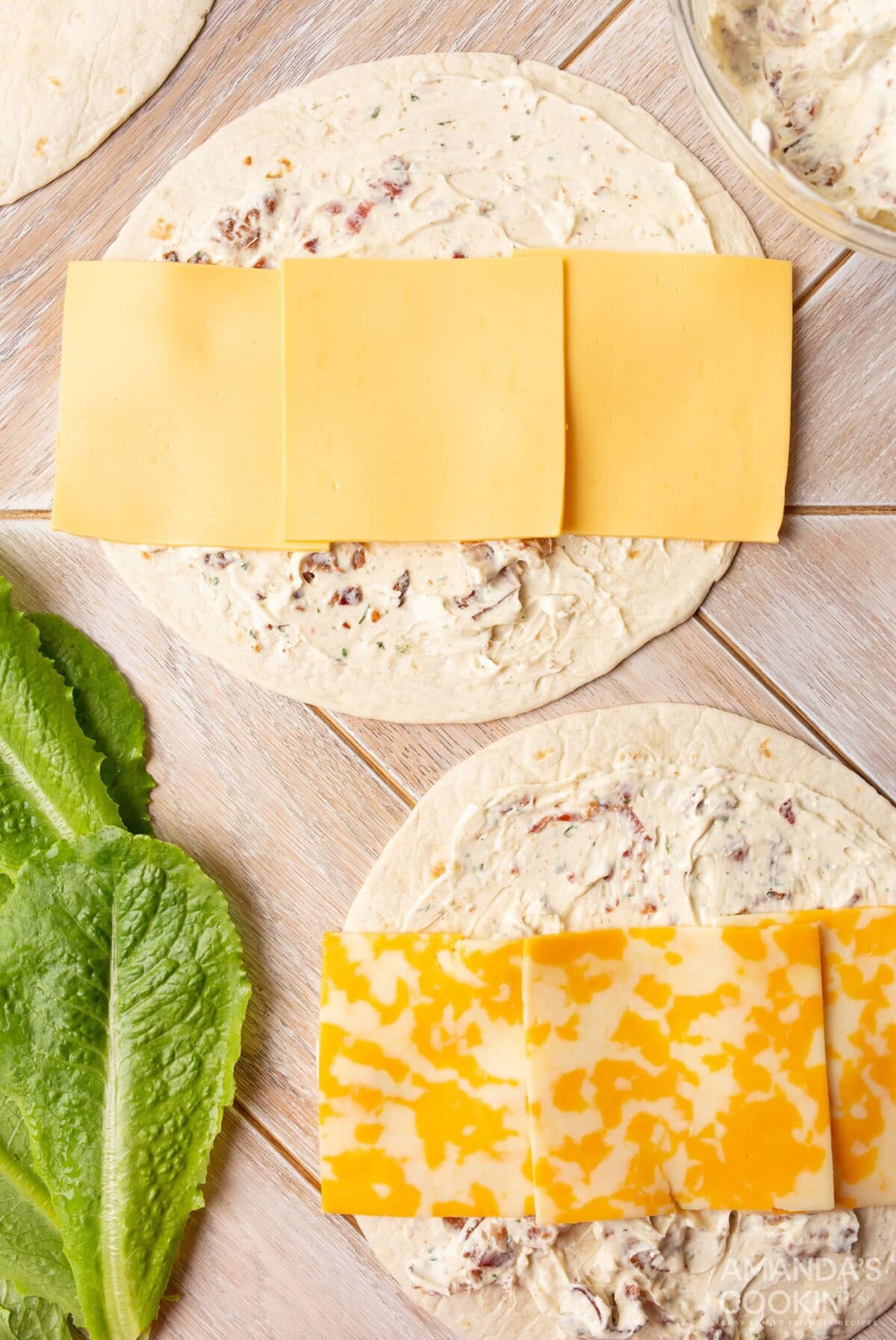 cheese on top of tortilla with cream cheese