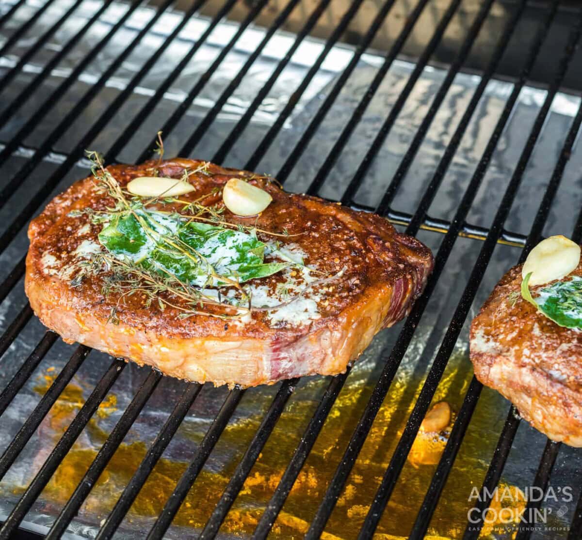 smoked ribeye steak on grill