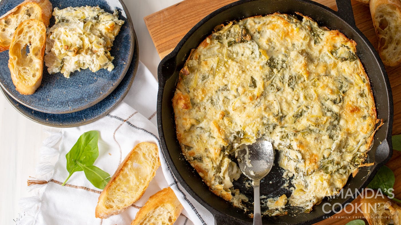 Warm and melty spinach artichoke dip served with baguettes slices, tortilla chips, or fresh veggies 