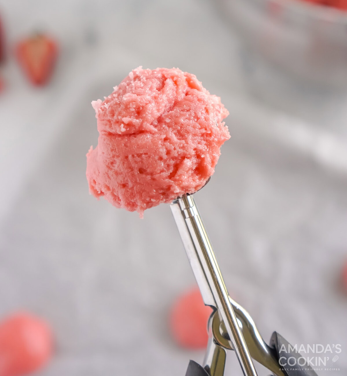 strawberry cookie dough on cookie scoop