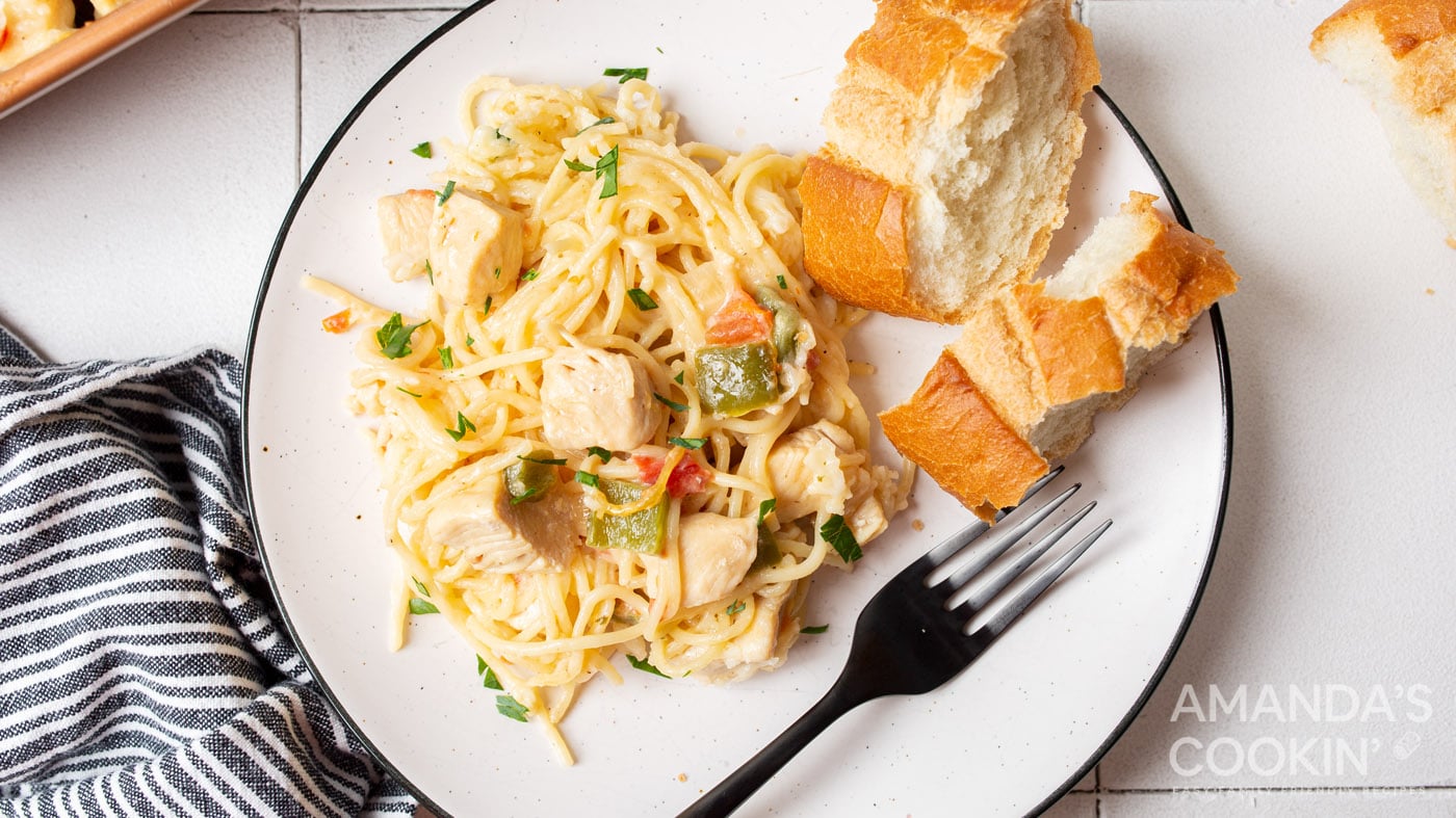 A three-cheese mixture with spaghetti noodles, chicken, and lots of flavorful components go into thi
