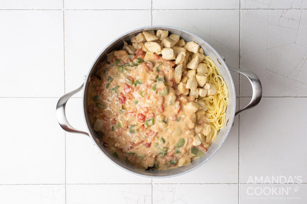chicken spaghetti in a pot