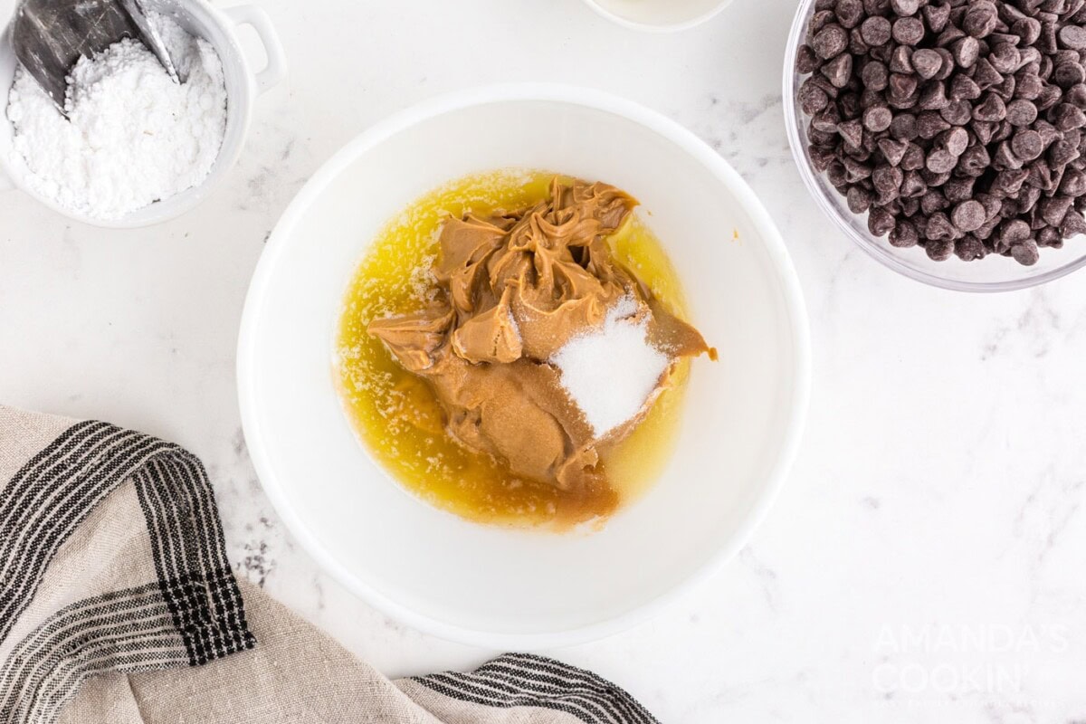 peanut butter, sugar, and butter in a mixing bowl