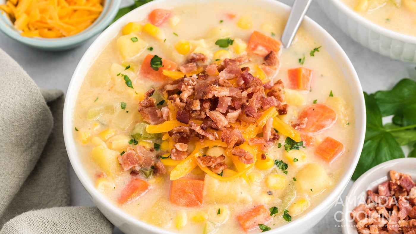 Load this corn chowder up with bacon or ham or serve it meatless. A colorful, filling soup recipe ea