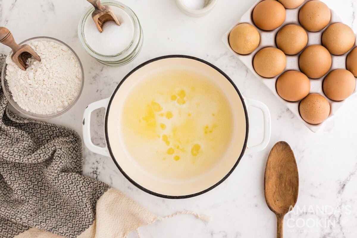 butter, water, salt, and sugar in saucepan