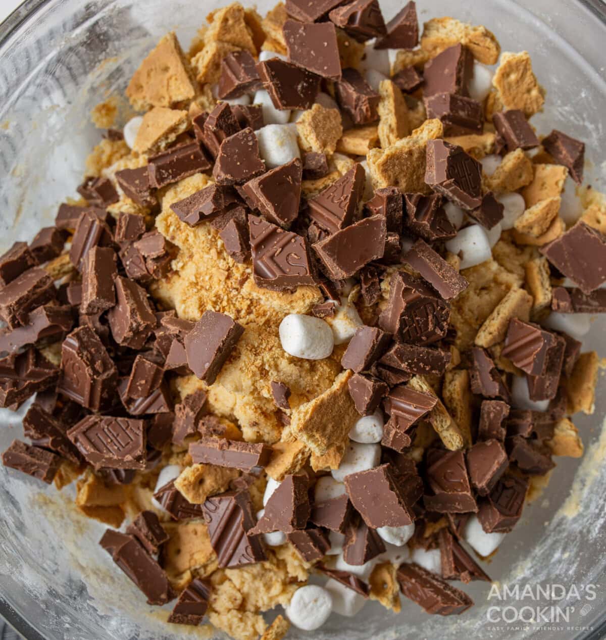 chocolate chunks, graham crackers, and mini marshmallows on top of cookie dough