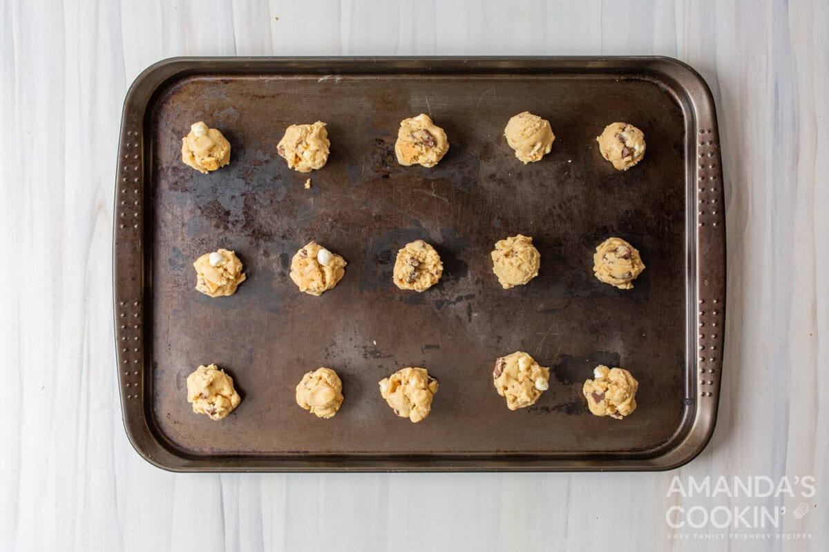 s'mores cookie dough balls on baking pan