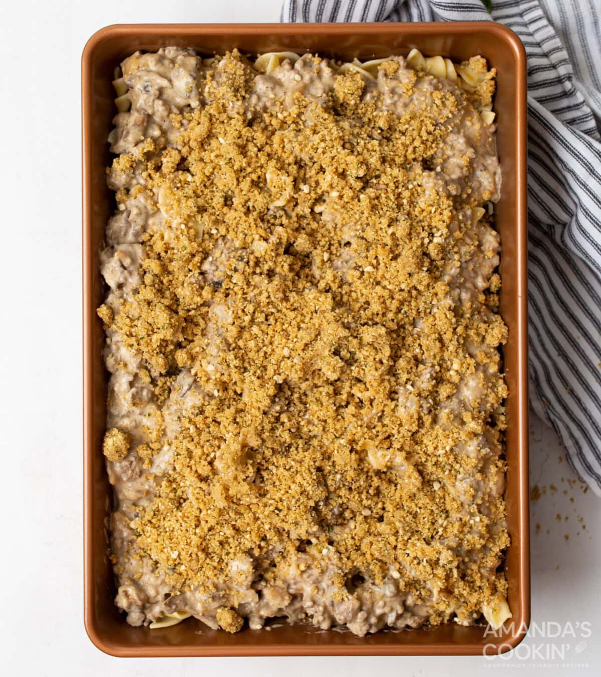 breadcrumbs on top of beef stroganoff casserole