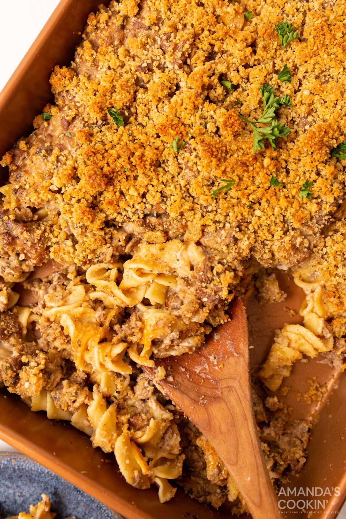 pan of Beef Stroganoff Casserole with a spoon