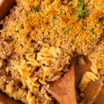 pan of Beef Stroganoff Casserole with a spoon