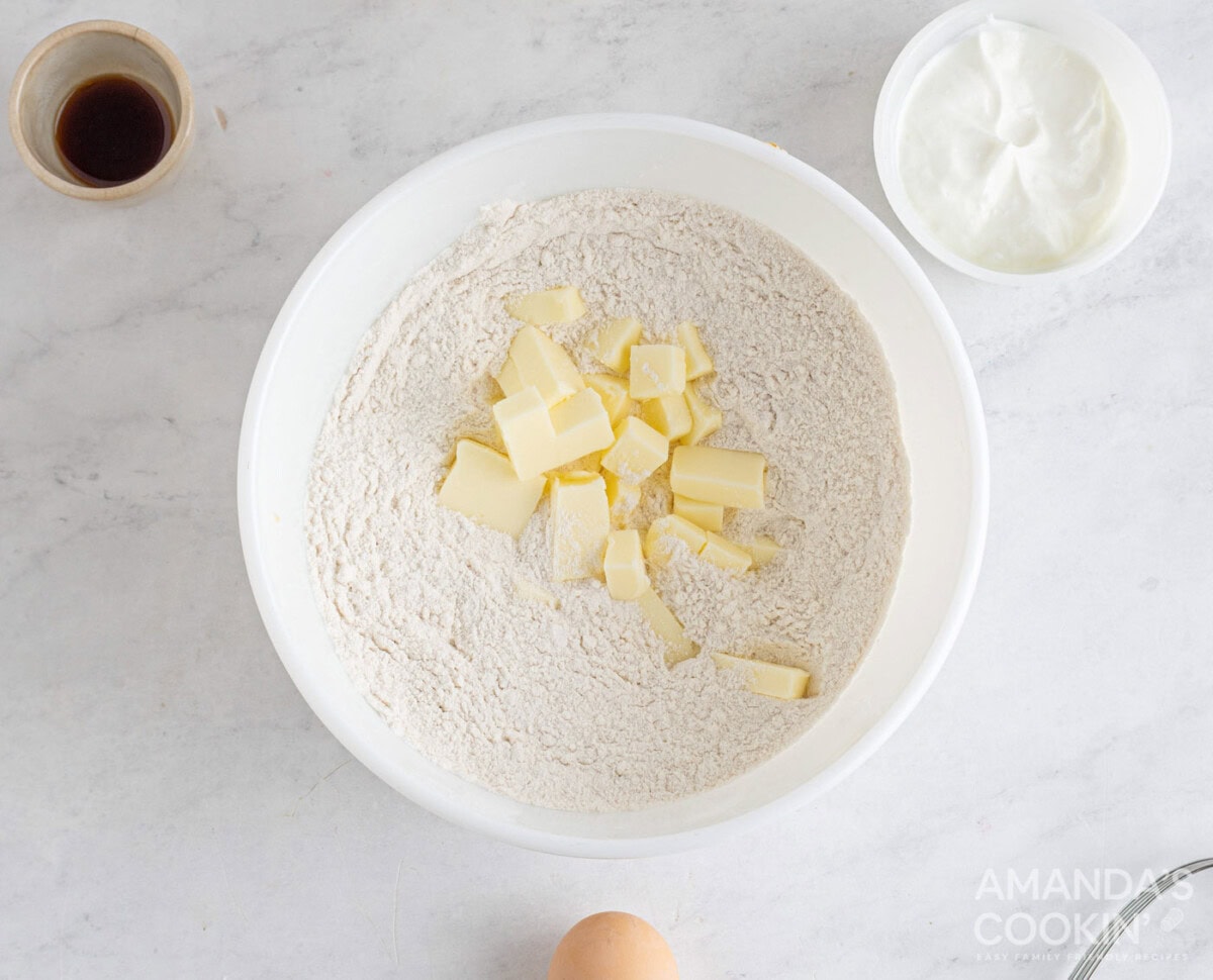 cold butter cubes in baking powder, sugar, salt, and flour