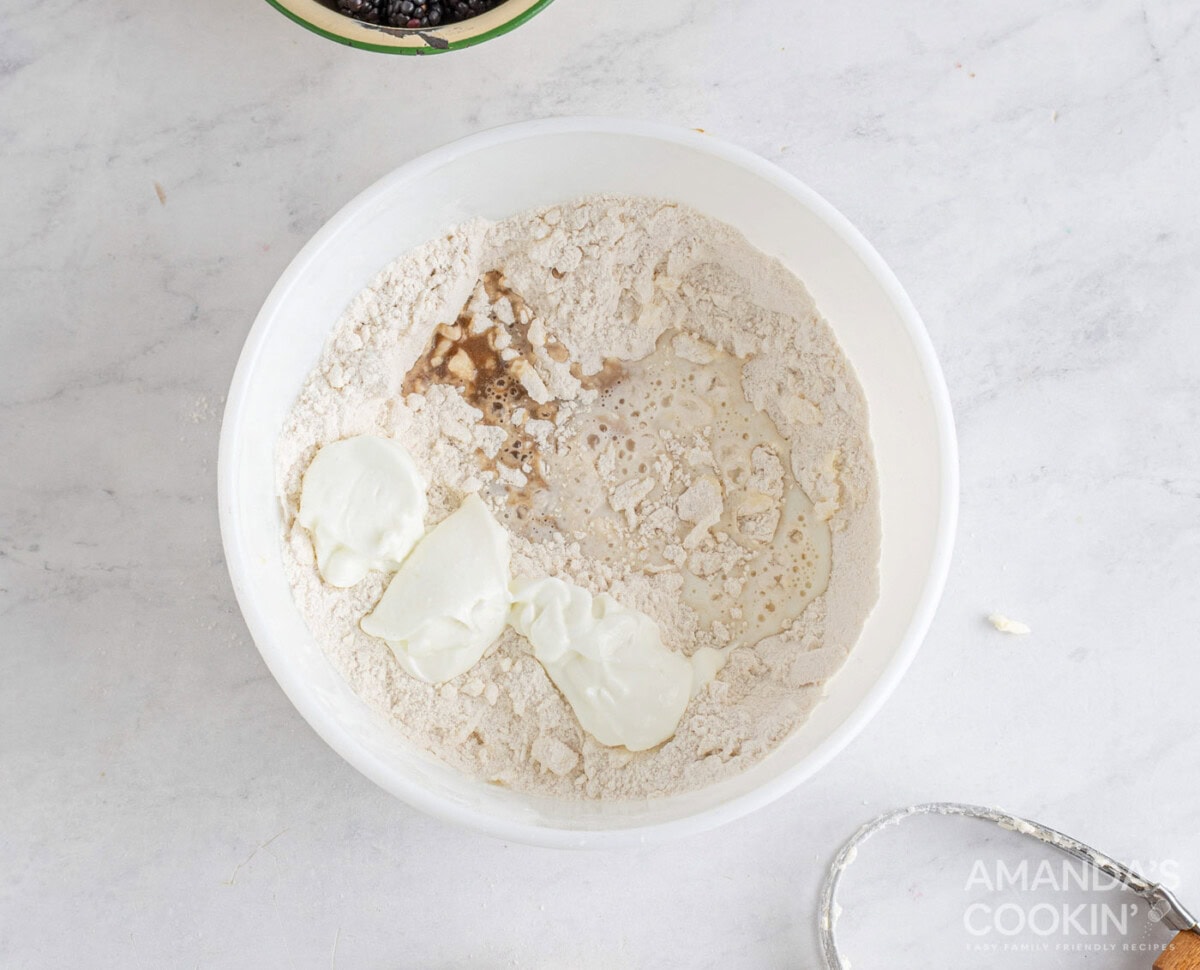buttermilk, yogurt, and vanilla in flour mixture