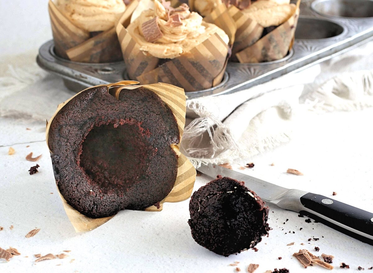 core taken out of chocolate cupcake