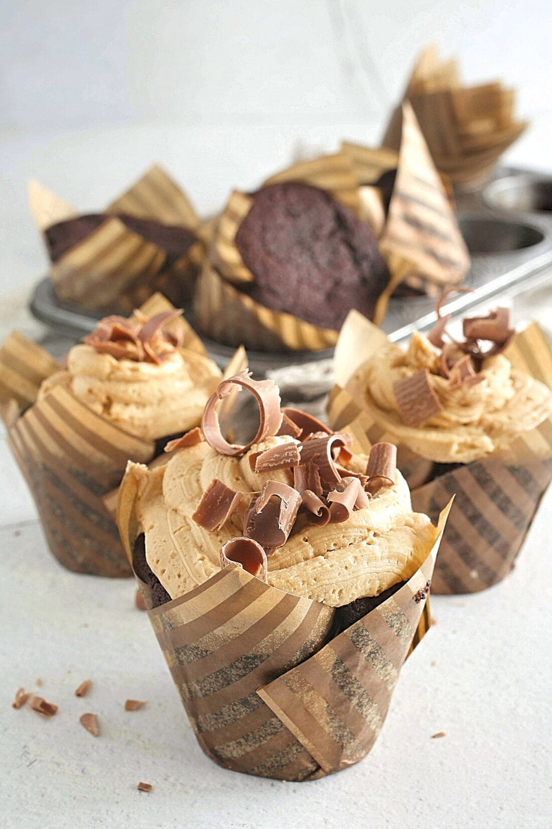 Chocolate Peanut Butter Cupcake in a paper wrapper