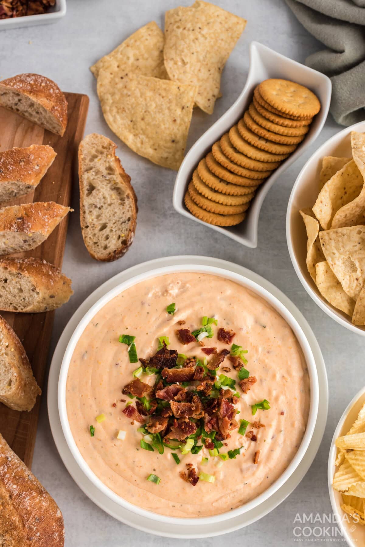 Crockpot Cheese Dip in a bowl surrounded by crackers