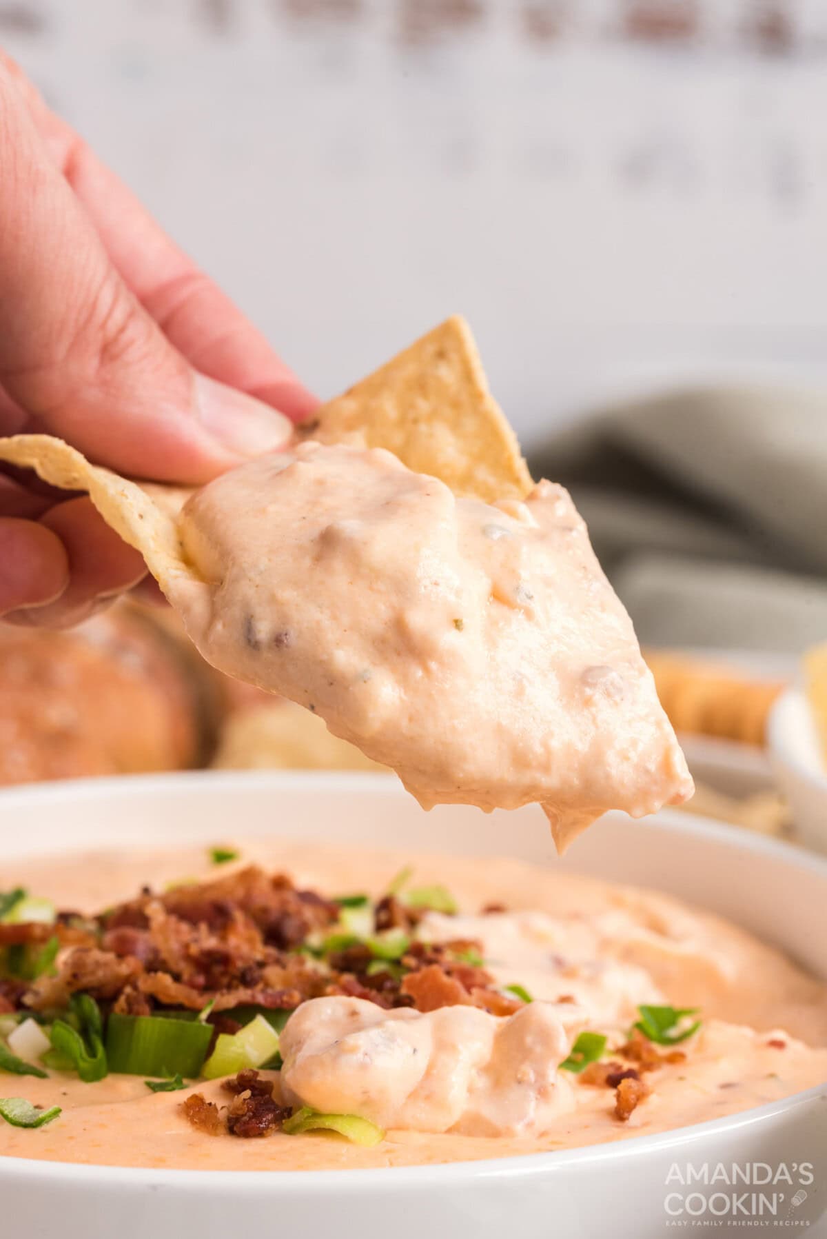 tortilla chip dipped in Crockpot Cheese Dip